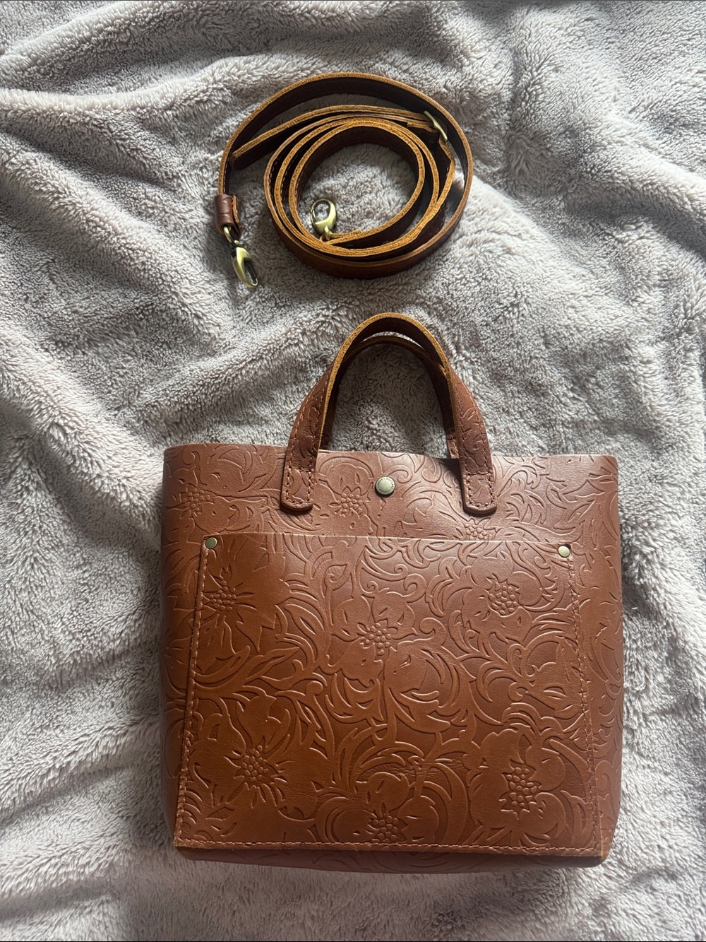 Portland Leather Embossed Brown Crossbody Tote - Picture 2 of 6
